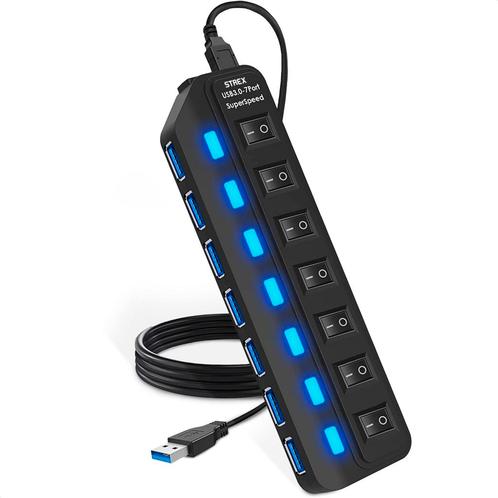 Strex USB 3.0 Hub - USB Splitter - 7 Poorten - 5Gbps - LED, Computers en Software, Dockingstations, Verzenden