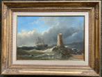 Willem Dreibholtz (1799-1874) - Schip in nood bij vuurtoren, Antiek en Kunst