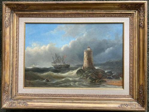 Willem Dreibholtz (1799-1874) - Schip in nood bij vuurtoren, Antiek en Kunst, Kunst | Schilderijen | Klassiek