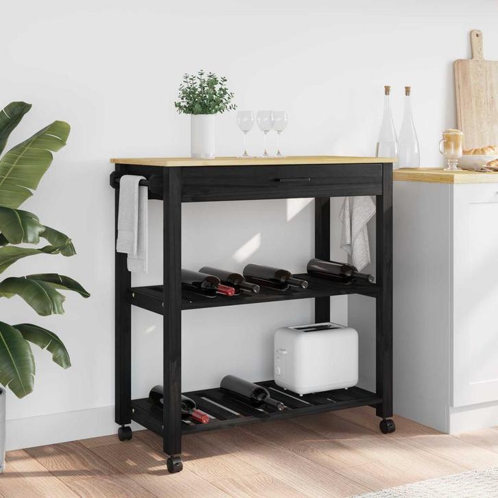 vidaXL Keuken Trolley Zwart 88,5 x 40 x 84 cm Massief, Huis en Inrichting, Keuken | Keukenbenodigdheden, Nieuw, Verzenden
