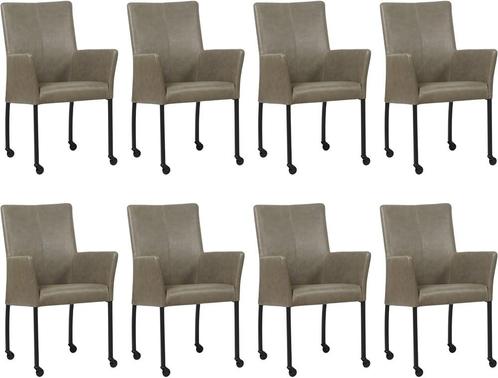 Set van 8 Grijze leren moderne eetkamerstoelen - poot rond, Huis en Inrichting, Stoelen, Overige kleuren, Vijf, Zes of meer stoelen