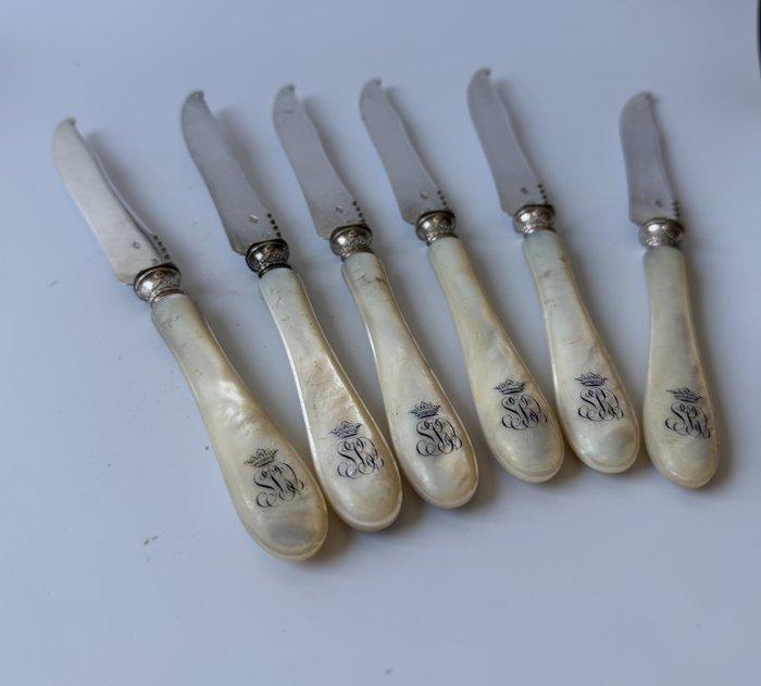Tafelmessenset (6) - .800 zilver - parelmoer en cijfer, Antiquités & Art, Antiquités | Argent & Or