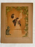 Louis Icart (1888-1950) Elegante Vrouw met Poes bij het raam