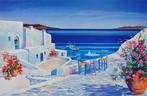 André Savy - Jolie terrasse à Santorin, Antiek en Kunst, Kunst | Schilderijen | Modern
