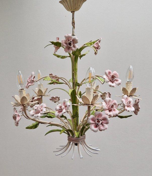 Bloemen & Bladeren Tôle Chandelier - Kroonluchter - Metaal,, Antiquités & Art, Curiosités & Brocante
