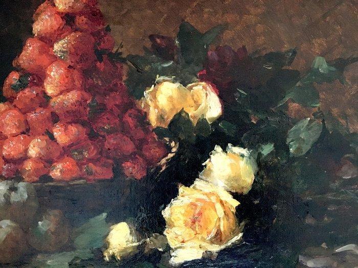 Hubert Bellis - (1831-1902) - Stilleven met Aardbeien, Rozen, Antiek en Kunst, Kunst | Schilderijen | Klassiek
