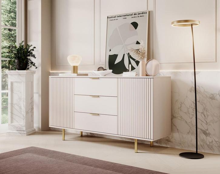 Meubella Dressoir Nicola beige goud 150 cm, Huis en Inrichting, Kasten | Dressoirs, 25 tot 50 cm, Nieuw, 150 tot 200 cm, Verzenden