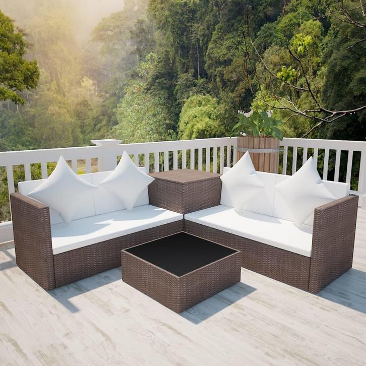 vidaXL 4-delige Loungeset met kussens poly rattan bruin, Tuin en Terras, Tuinsets en Loungesets, Loungeset, Nieuw, Verzenden