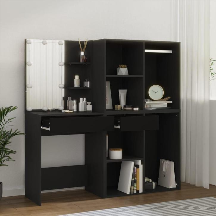 vidaXL Kaptafel met kastjes LED bewerkt hout zwart, Huis en Inrichting, Tafels | Kaptafels, Nieuw, Verzenden