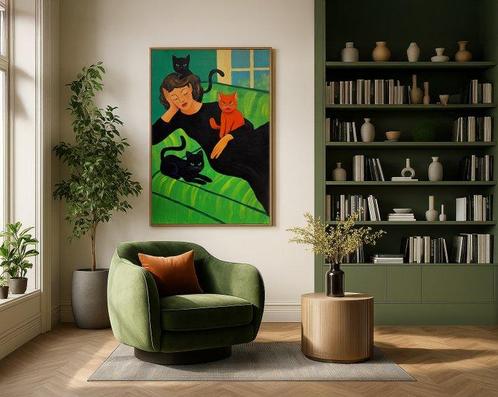 E. García - LA MUJER DE LOS TRES GATOS XL (NO RESERVE), Antiek en Kunst, Kunst | Schilderijen | Modern