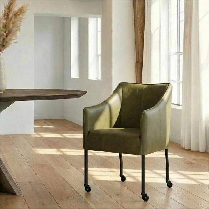 OUTLET Leren eetkamerstoel Happy - met wieltjes en, Huis en Inrichting, Stoelen, Nieuw, Leer, Ophalen of Verzenden