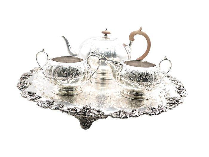 Koffieservies (4) - Hout, Verzilverd, Antiek en Kunst, Antiek | Meubels | Tafels