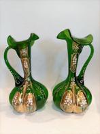 Carafe (2) - Bohemian Enameled Green Antique Victorian Glass, Antiek en Kunst