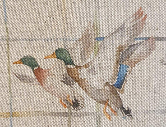 Country stof met wilde eenden in vlucht - linnen-effect, Antiek en Kunst, Antiek | Tapijten, Tafelkleden en Textiel