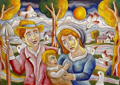 Roberto Sguanci (1948-2024) - Famiglia contadina, Antiek en Kunst, Kunst | Schilderijen | Modern