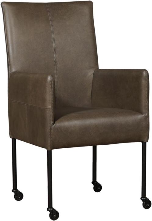 Grijze leren moderne eetkamerstoel - poot rond zwart met, Huis en Inrichting, Stoelen, Overige kleuren, Eén, Nieuw, Leer, Ophalen of Verzenden