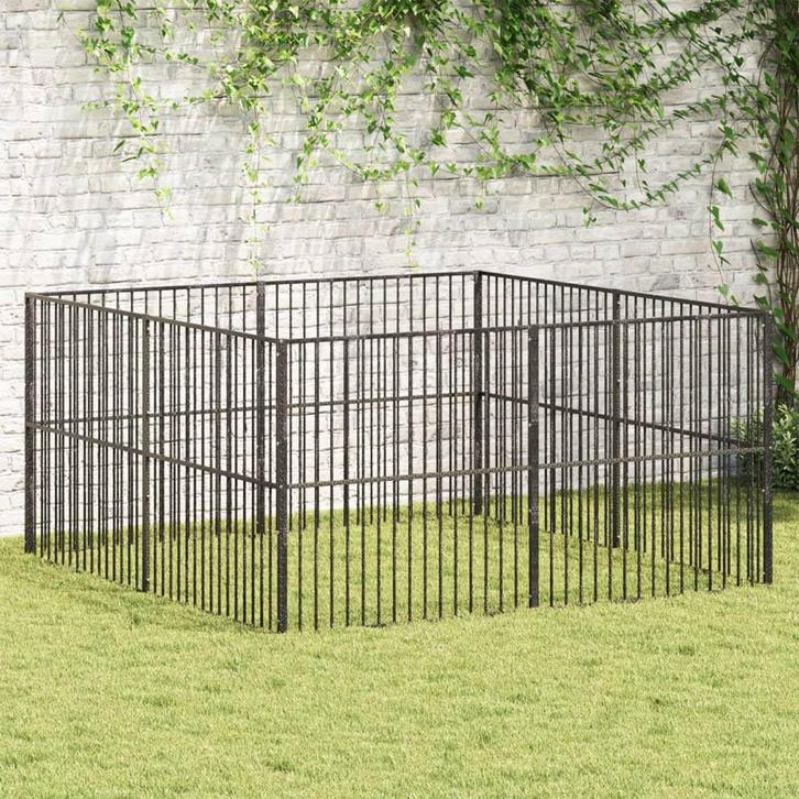vidaXL Hondenkennel 8 panelen gepoedercoat staal zwart, Dieren en Toebehoren, Hondenhokken, Nieuw, Verzenden