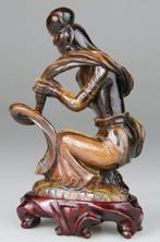 Beeldje Kwanyin beeld - Oeil de Tigre - tijgeroogsteen -, Antiek en Kunst
