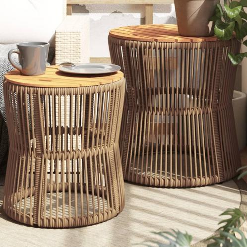 vidaXL Tuinbijzettafels 2 st met houten blad poly rattan, Tuin en Terras, Tuintafels, Nieuw, Verzenden