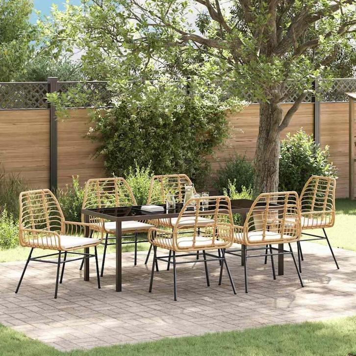 vidaXL Tuin Eettafel Set 7 pcs Bruin poly rattan, Tuin en Terras, Tuinsets en Loungesets, Nieuw, Verzenden