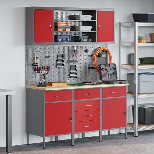 vidaXL 7-delige Werkbank Set Rood Staal, Doe-het-zelf en Bouw, Werkbanken, Nieuw, Verzenden