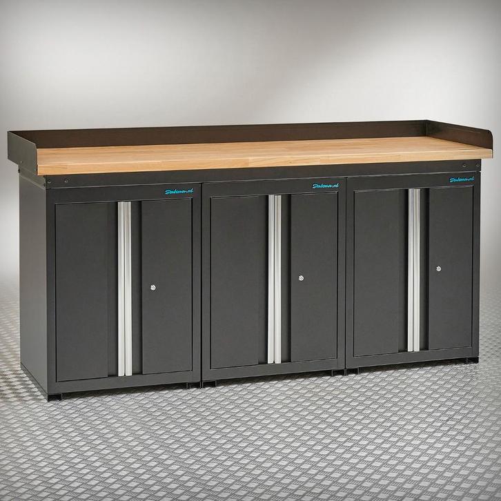 Datona Werkbank PRO eiken - 3 opbergkasten - 200 cm - zwart, Doe-het-zelf en Bouw, Werkbanken, Ophalen of Verzenden