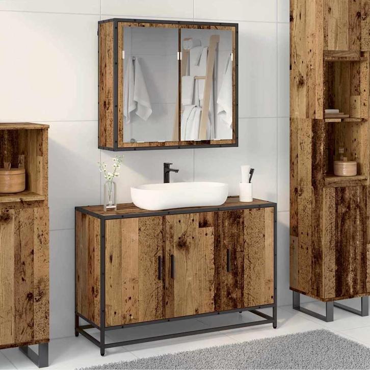 vidaXL Badkamermeubel Set met plank 2 pcs Oud Hout Bewerkt, Huis en Inrichting, Badkamer | Badkamermeubels, Nieuw, Verzenden