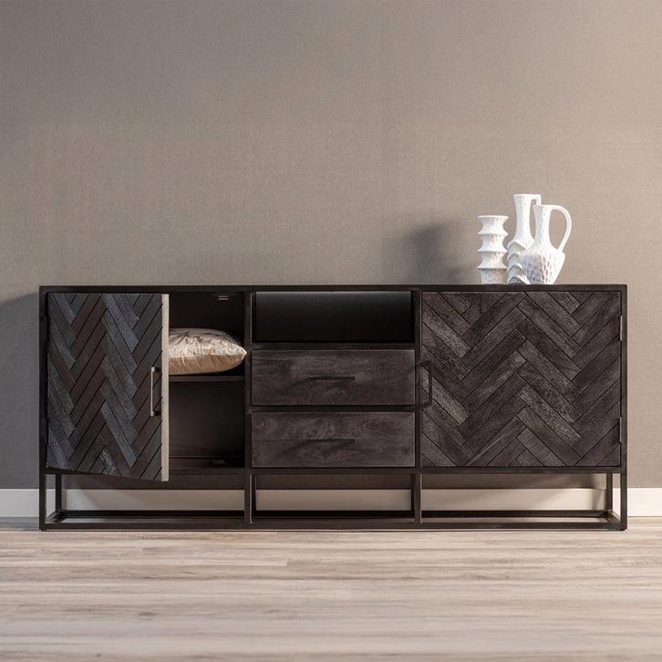 Dressoir Mangohout Kjeld 180 Zwart, Huis en Inrichting, Kasten | Dressoirs, Nieuw, Overige houtsoorten, Verzenden