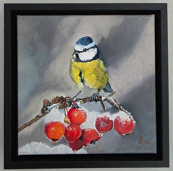 R.Benda (1953) - Pimpelmeesje op bessentak in de winter, Antiek en Kunst, Kunst | Schilderijen | Klassiek