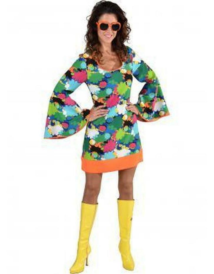 70 s hippie jurk met multicolor bloemenprint, Hobby en Vrije tijd, Feestartikelen, Ophalen of Verzenden