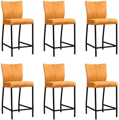 Set van 6 Cognac leren moderne barkrukken - poot vierkant, Huis en Inrichting, Stoelen, Overige kleuren, Vijf, Zes of meer stoelen