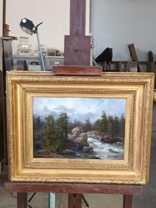 Claude Hugard (XIX) - Paysage de rivière et sa cascade, Antiek en Kunst, Kunst | Schilderijen | Klassiek
