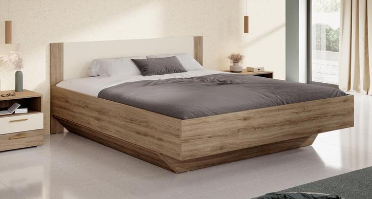 Tweepersoonsbed - Eiken met beige - 180x200 cm, Huis en Inrichting, Slaapkamer | Bedden, Nieuw, Verzenden