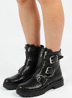 Sacha - Dames - Zwarte biker boots met zilverkleurige ges..., Kleding | Dames, Schoenen, Verzenden, Nieuw