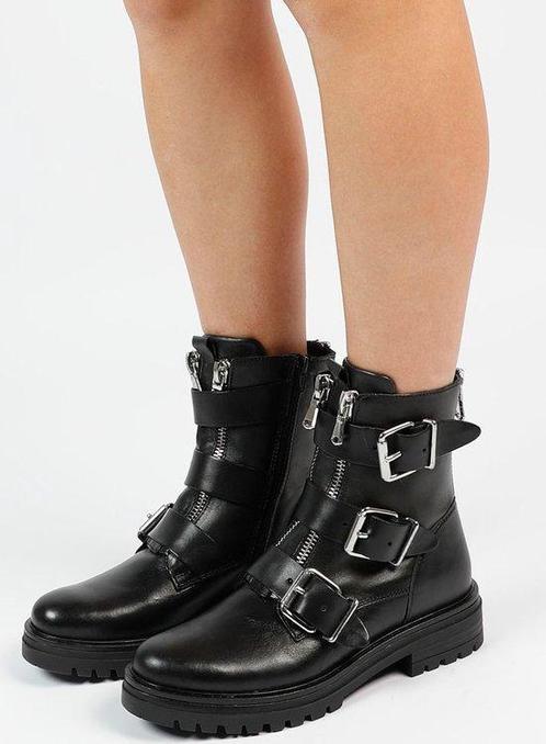 Sacha - Dames - Zwarte biker boots met zilverkleurige ges..., Kleding | Dames, Schoenen, Nieuw, Verzenden