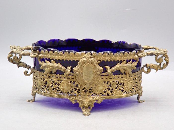 Jardinière - Met blauwe glazen voering - Glas, Metaal, Antiek en Kunst, Antiek | Overige Antiek