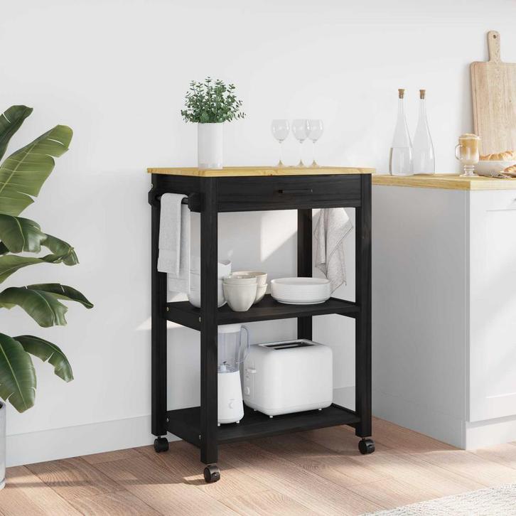 vidaXL Keuken Trolley MONZA Zwart 60 x 40 x 88,5 cm Massief, Huis en Inrichting, Keuken | Keukenbenodigdheden, Nieuw, Verzenden