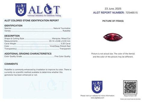 1 pcs Rouge Tourmaline - 5.35 ct - Antwerp Laboratory for, Handtassen en Accessoires, Edelstenen