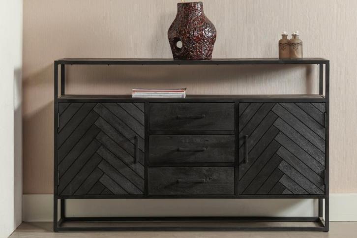 Dressoir Mangohout Kjeld 145 Hoog Zwart, Huis en Inrichting, Kasten | Dressoirs, Nieuw, Verzenden