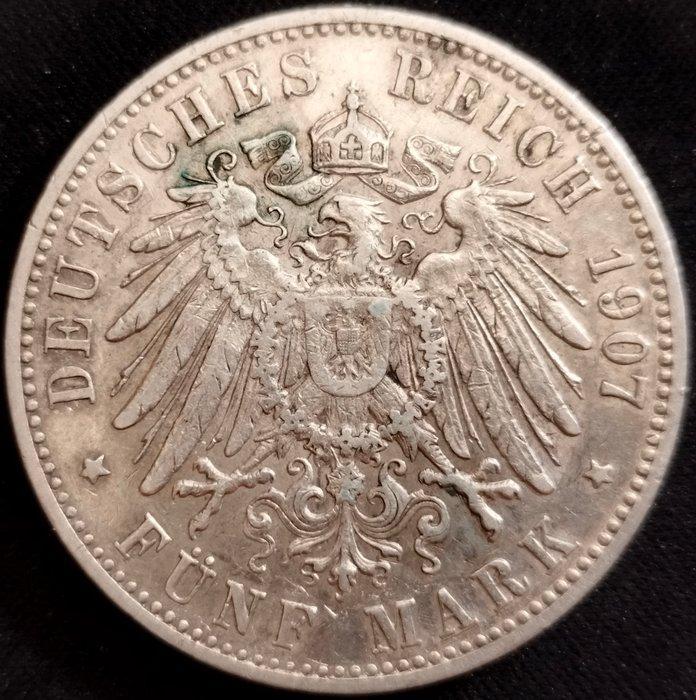 Duitsland, keizerrijk 5 Mark 1907 F - Stuttgart, Bust of, Postzegels en Munten, Munten | Europa | Niet-Euromunten