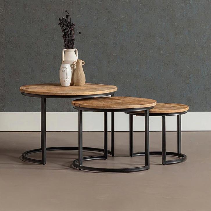 Salontafel Mangohout S Ula XL Set Van 3, Huis en Inrichting, Tafels | Salontafels, Nieuw, Overige houtsoorten, Overige vormen