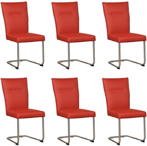 Set van 6 Rode leren   - poot rond inox - Toledo Leer, Huis en Inrichting, Stoelen, Overige kleuren, Vijf, Zes of meer stoelen