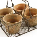 Pot de fleurs - Acier, Terre cuite - 4 pots dans un panier, Antiek en Kunst