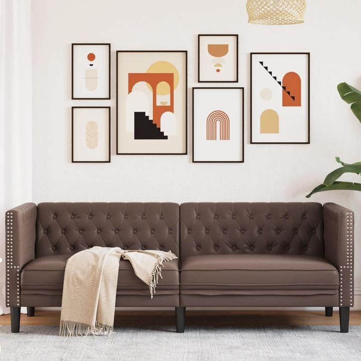 vidaXL Driezitsbank Chesterfield-stijl kunstleer bruin, Huis en Inrichting, Zetels | Zetels, Nieuw, Verzenden