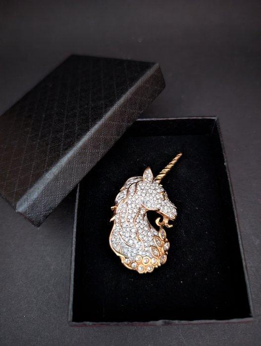 Beeld, Swarovski broche eenhoorn groot - 6.2 cm - Metaal,, Antiek en Kunst, Curiosa en Brocante