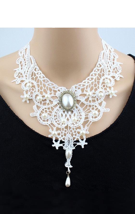 Ketting Kant Wit Steen Steampunk Lolita Witte Kanten Collar, Handtassen en Accessoires, Kettingen, Wit, Nieuw, Ophalen of Verzenden