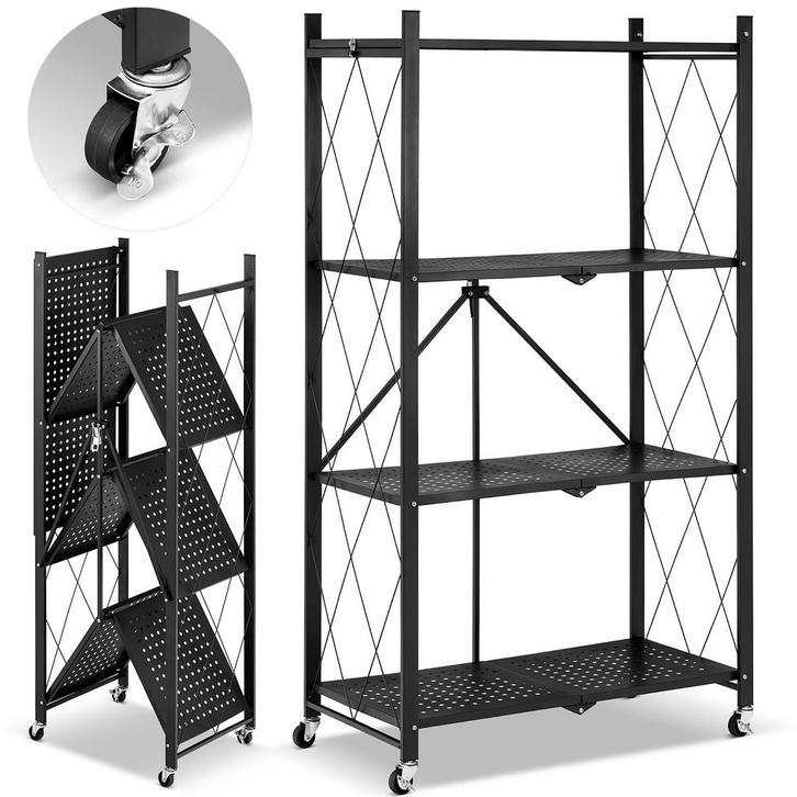 Metalen opbergrek op wielen - opvouwbaar - 4 planken - zwart, Huis en Inrichting, Kasten | Stellingkasten, Nieuw, Ophalen of Verzenden