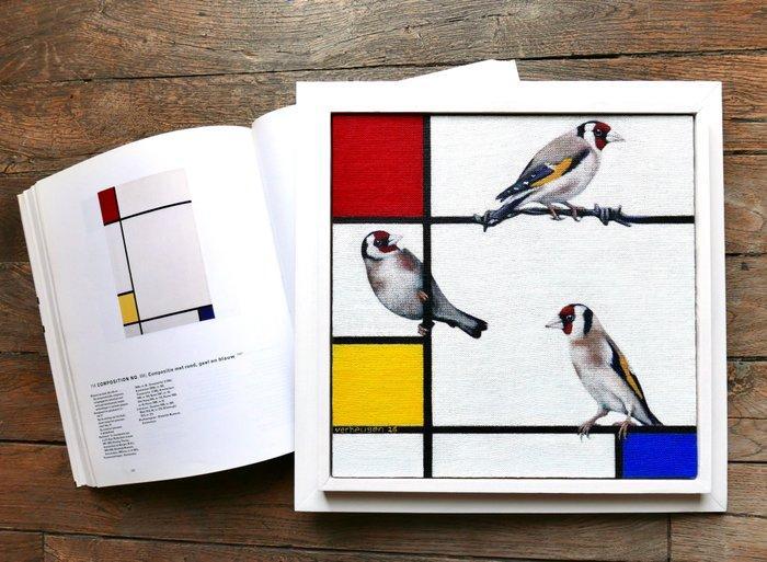 Jos Verheugen - Free after Mondrian, with Goldfinches, Antiek en Kunst, Kunst | Schilderijen | Modern