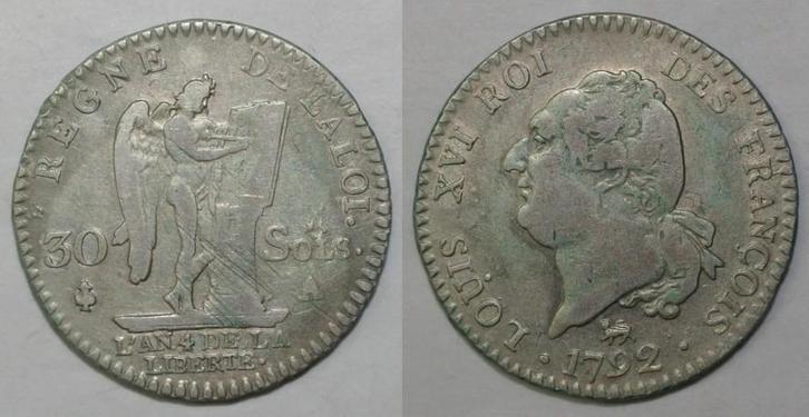 France Frankreich Km 606 30 Sols 1792 A Paris Typ François, Postzegels en Munten, Munten | Europa | Niet-Euromunten, België, Verzenden