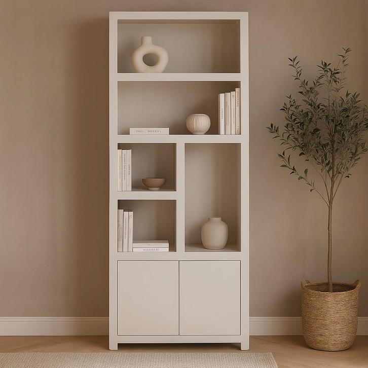 Wandkast Mangohout Evan Crème 80 (5 Open Vakken, 2 Deuren), Huis en Inrichting, Kasten | Overige, Nieuw, Verzenden